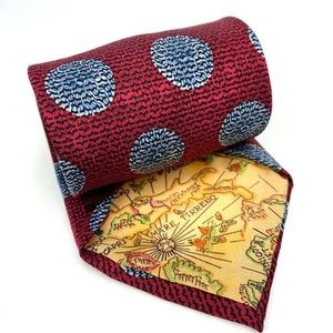 Bruno Piattelli Tie Purse Silk Burgundy Red Blue Circles Map Pin up Necktie